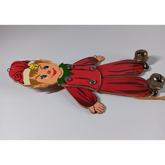Vtg Wood Pull String Elf Ornament Toy Japan Christmas Holiday Decor Bells - Picture 5 of 8